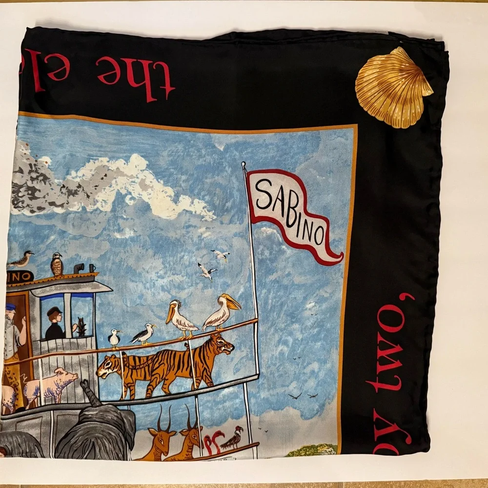 MYSTIC SEAPORT ELIZABETH MUMFORD SCARF SILK NOAHS ARK SHIP ANIMALS BLACK BLUE
